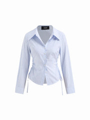 Cotton-blend Striped Collar Long Sleeve Drawstring Side Shirt