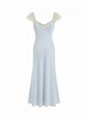 Satin Sweetheart Ruffle sleeve Lace Panel Ruched Mermaid Maxi Dress