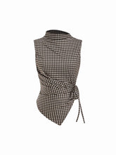 Gingham Stand Collar Asymmetrical Hem Ruched Knotted Top
