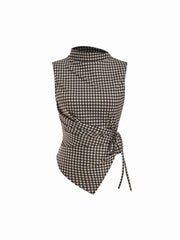 Gingham Stand Collar Asymmetrical Hem Ruched Knotted Top