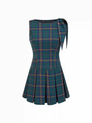 Plaid Boat Neck Bowknot Zipper Pleated Mini Dress