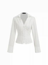 Cotton-blend V-neck Long Sleeve Lettuce Trim Bowknot Blouse