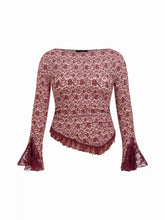 Floral Boat Neck Lace Trim Asymmetrical Hem Bell Sleeve Ruched Top Curve & Plus