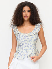 Textured Cotton-blend Floral Scoop Neck Ruffled Tank Blouse