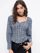 Cotton-blend Sweetheart Neckline Plaid Lettuce Trim Blouse