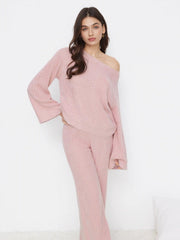 Asymmetrical Neck Oversized Top & High Rise Flared Trousers Loungewear Set