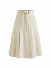 Cotton-blend Mid Rise Pleated Raw Hem Midi Skirt