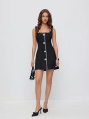 Tweed U-neckline Rhinestone Button A-line Mini Dress