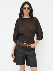 Knit Round Neck Lantern Sleeve Oversized Top