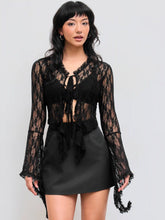 Lace V-neck Solid See-through Long Sleeve Top