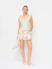 Square Neck Ruffled Smocked Lace Trim Crop Blouse