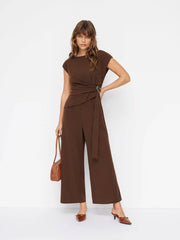 Boat Neck Ruched Metal Detail Wide Leg Jumpsuit