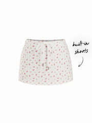 Cotton-blend Mid Rise Ditsy Floral Drawstring Side Split A-line Mini Skirt