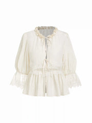 Round Neckline Lace Beaded Puff Sleeve Blouse