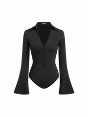 Collar Bell Sleeve Cinched Waist Shirt Bodysuit