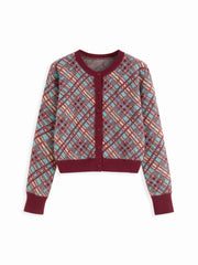 Knit Jacquard Checks Contrasting Binding Cardigan