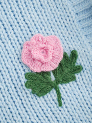 Knit 3D Floral V-neck Knotted Ruffle Trim Oversized Cardigan