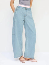 Denim Mid Rise Barrel-Leg Side Strap Jeans