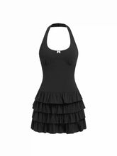 Cotton-blend Scoop Neck Bowknot Tiered Mini Dress
