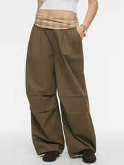 Denim Low Rise Tartan Patched Barrel-leg Jeans