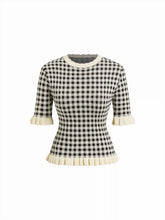 Knit Round Neckline Gingham Contrasting Binding Ruffled Top
