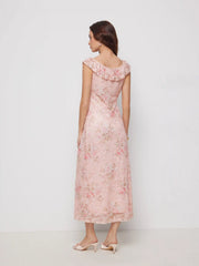 Floral V-neck Ruffled Sleeve Straight Midi Dress