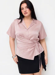 Satin Collar Tie Front Knotted Blouse Curve & Plus