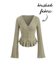Brushed Fabric V-neck Bell Sleeve Ruffle Hem Button Top