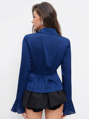 Satin Collar Striped Ruched Bell Sleeve Shirt