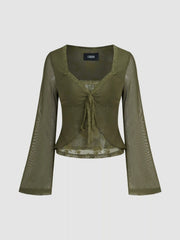 V-neck Solid Lace Trim Knotted Lettuce Trim Long Sleeve Top