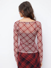 Plaid Cowl Neck Long Sleeve Top