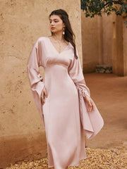 Satin V-neck Bell Sleeve Drawstring Flared Maxi Dress