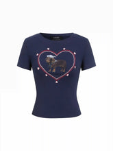 Cotton-blend Heart & Dog Graphic Embroidery Short Sleeve Top