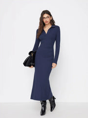 Collar V-neck Ruched Maxi Dress