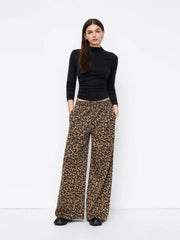 Mid Rise Leopard Print Elastic Waist Wide Leg Trousers