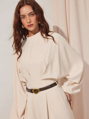 High Neck Puff Sleeve High Rise Wide Leg Jumpsuit With Belt