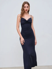 Satin Cowl Neck Solid Lace Ruched Knotted Maxi Dress