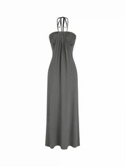 High Stretch Viscose Halter Neck Drawstring A-line Maxi Dress