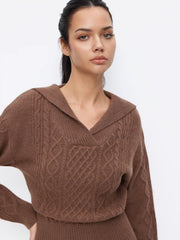 Cable Knit Collar Long Sleeve Cinched Waist Top