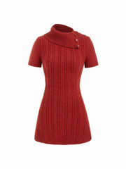 Cable Knit Asymmetrical Neck A-line Mini Dress
