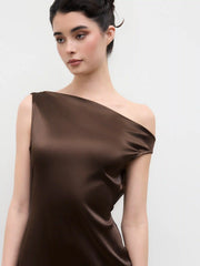 Satin Asymmetrical Neck Backless Maxi Dress