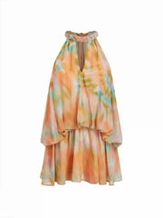 Chiffon Tie Dye Twist Knotted Halter Neck Flared Mini Dress
