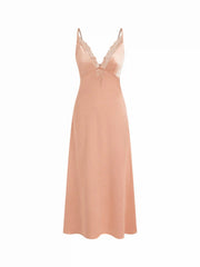 Satin V-neck Lace Panel A-line Maxi Cami Dress
