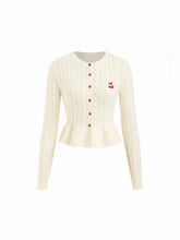 Cable Knit Cherry Embroidery Long Sleeve Ruffle Hem Cardigan
