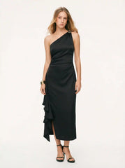 Satin Asymmetrical Neck Metal Detail Ruffled Maxi Dress