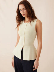 Round Neckline Button Peplum Hem Knitted Vest