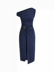 Asymmetrical Neck Wrap Metal Detail Ruched Midi Dress