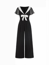 Chiffon V-neck Colorblock Ruffle Sleeve Bowknot Ruched Wide Leg Jumpsuit