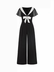 Chiffon V-neck Colorblock Ruffle Sleeve Bowknot Ruched Wide Leg Jumpsuit