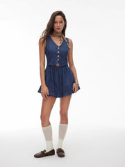 Denim V-Neck Metal Button Ruched Bubble Mini Dress